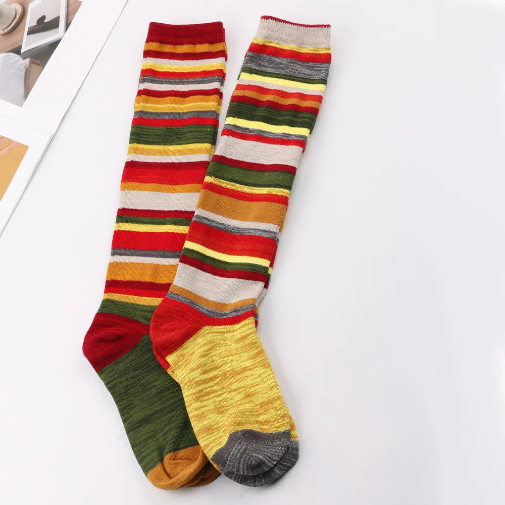 Christmas Colorful Stripes Cotton Calf Socks For Women Casual Knee Socks Female Christmas Party Clothing Accessories Stockings