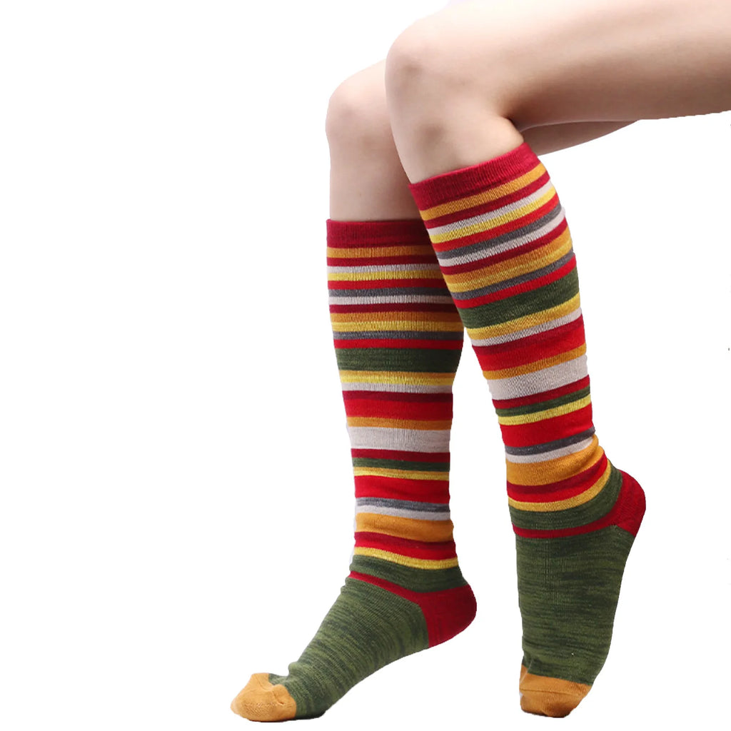 Christmas Colorful Stripes Cotton Calf Socks For Women Casual Knee Socks Female Christmas Party Clothing Accessories Stockings